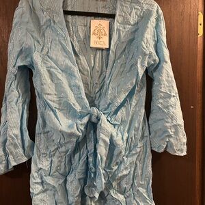 ECI Light Blue Metallic-Thread Tie-Front Tunic